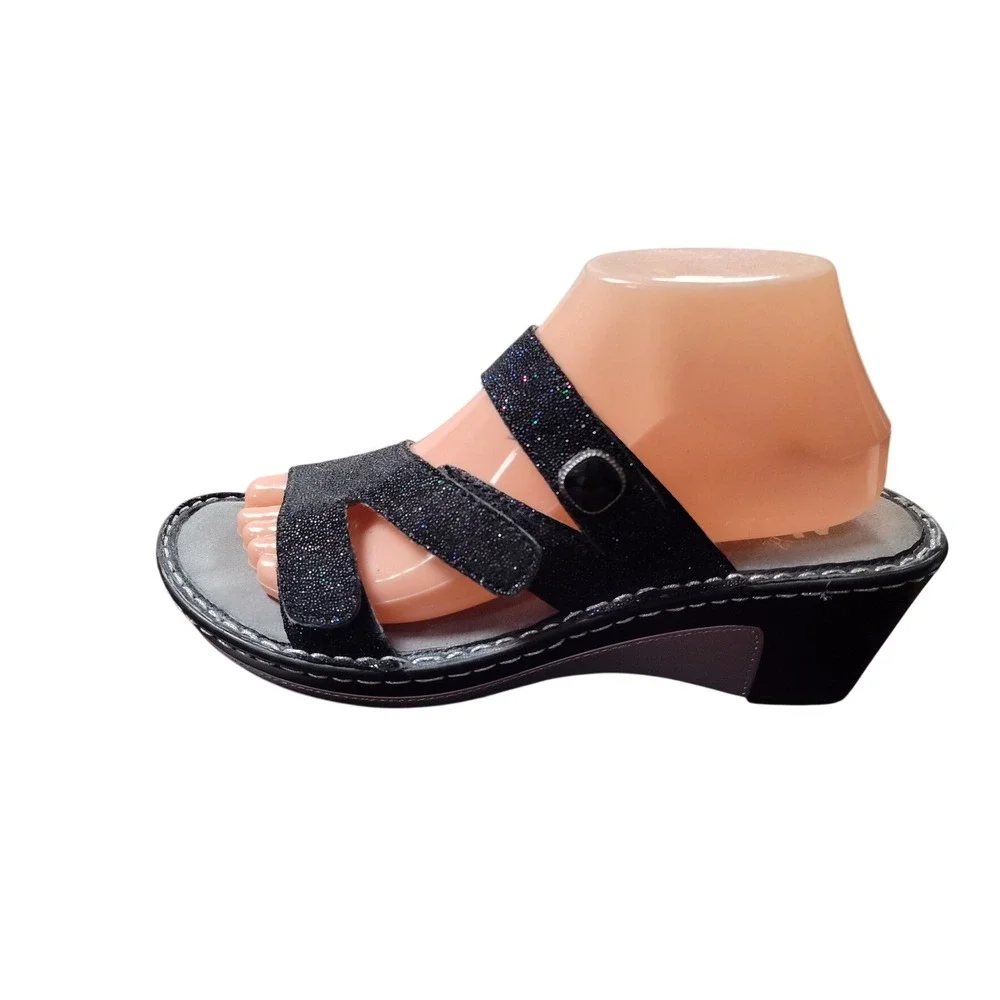 Alegria Wedge Sandals Womens 38 Black Glitter Leather LOT-699 Comfort